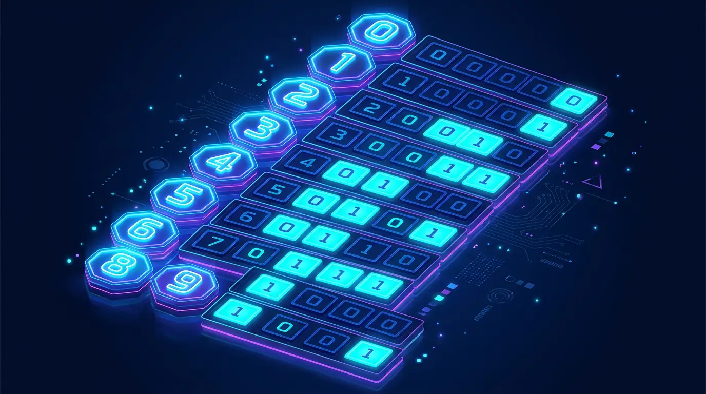 Decimal digit symbols paired with their 4-bit BCD nibbles in a glowing grid.