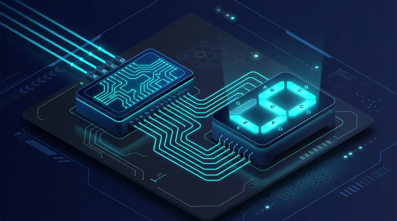 A glowing seven-segment display digit lit up by a BCD decoder block, individual segments rendered in cyan.