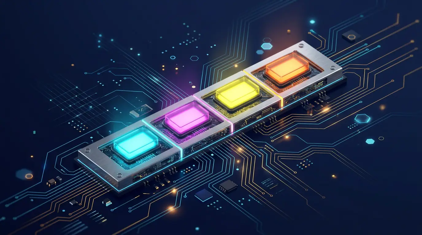 Four glowing CPU status flag indicators arranged on a register strip, each lit in a different accent color.