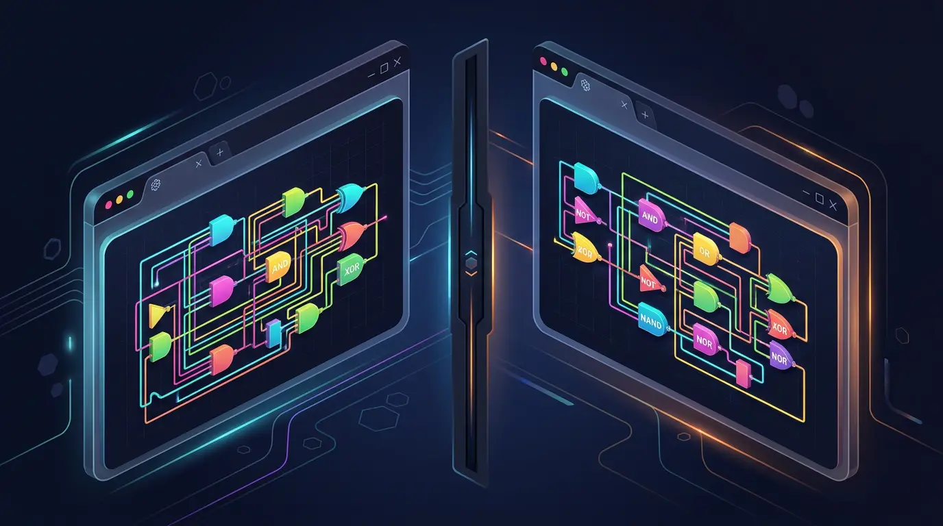Two browser windows side by side showing logic circuit schematics in DigiSim and Logisim Evolution styles.