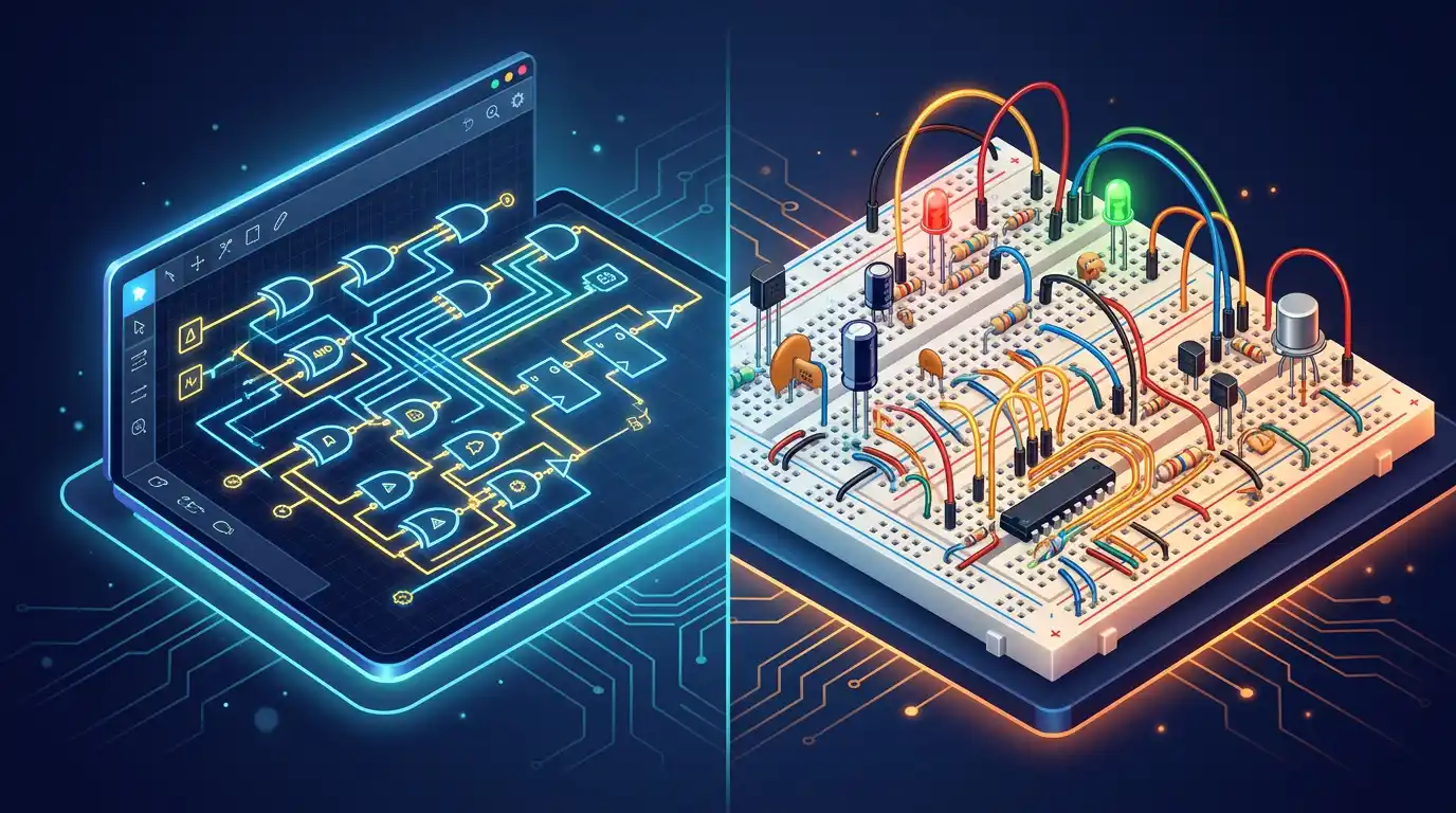 Side-by-side comparison of a digital schematic editor and a breadboard-style analog editor.