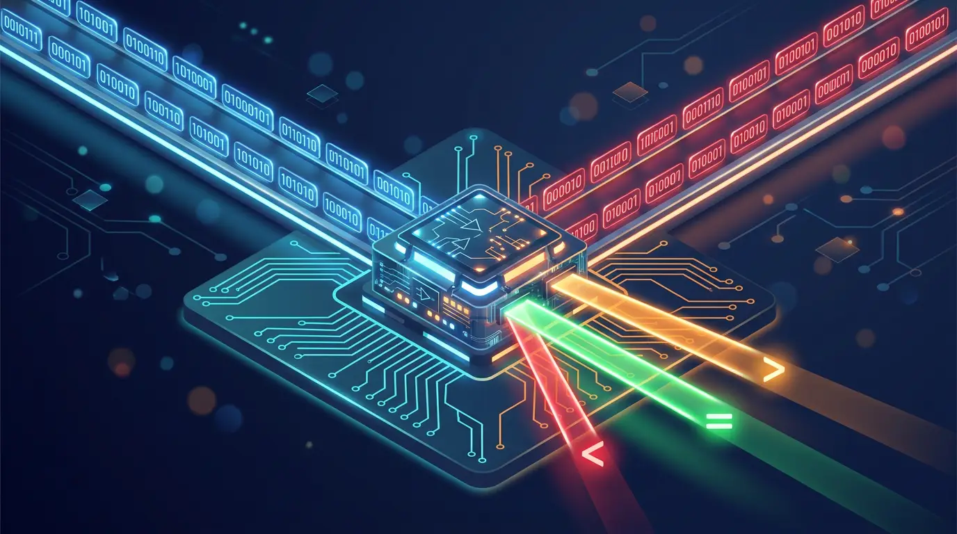 Two binary number streams being compared inside a digital comparator block, equal/greater/less indicator beams emitting from its outputs.