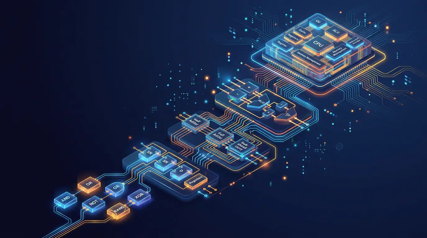An ascending learning path from logic gates through flip-flops and adders up to a complete CPU.