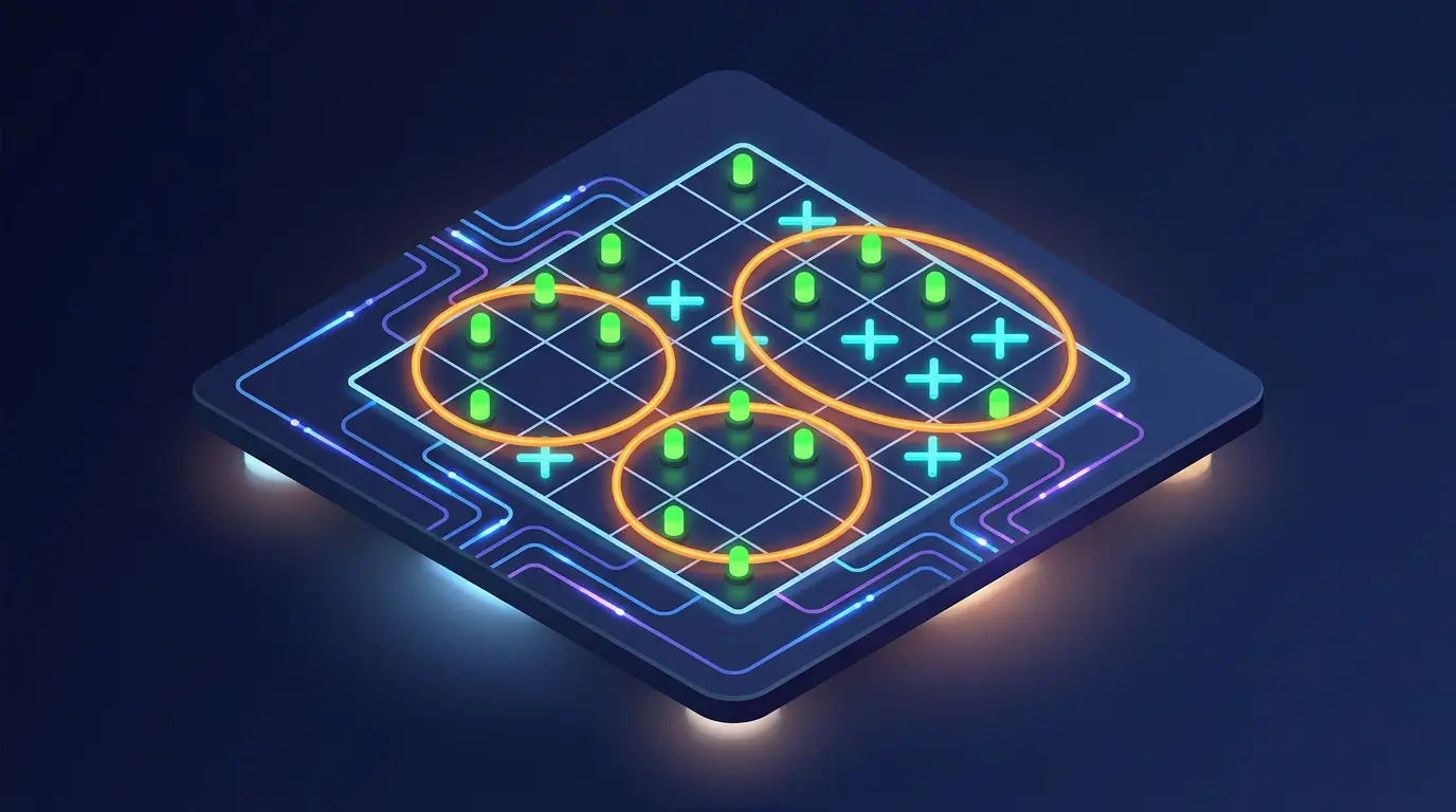 A Karnaugh map grid with cells marked, groups of ones circled, and don't-care cells shown distinctly.