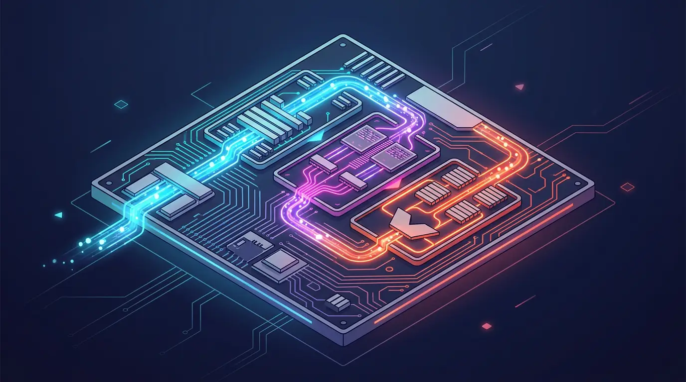 A microprocessor die with the fetch-decode-execute pipeline highlighted as flowing data through three stages.