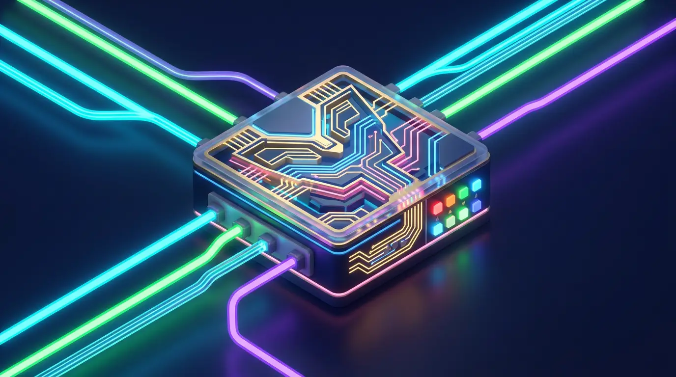 Isometric illustration of an ALU at the heart of a CPU, with input lines feeding a central processing block and status flag bits glowing on the side.