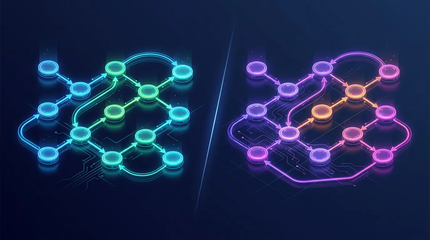 Two state-machine diagrams side by side with circle-state nodes connected by glowing transition arrows.