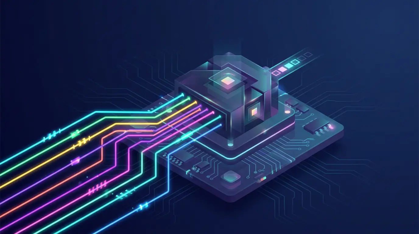 Eight glowing input lines converging into a priority resolver block that outputs a small binary index.