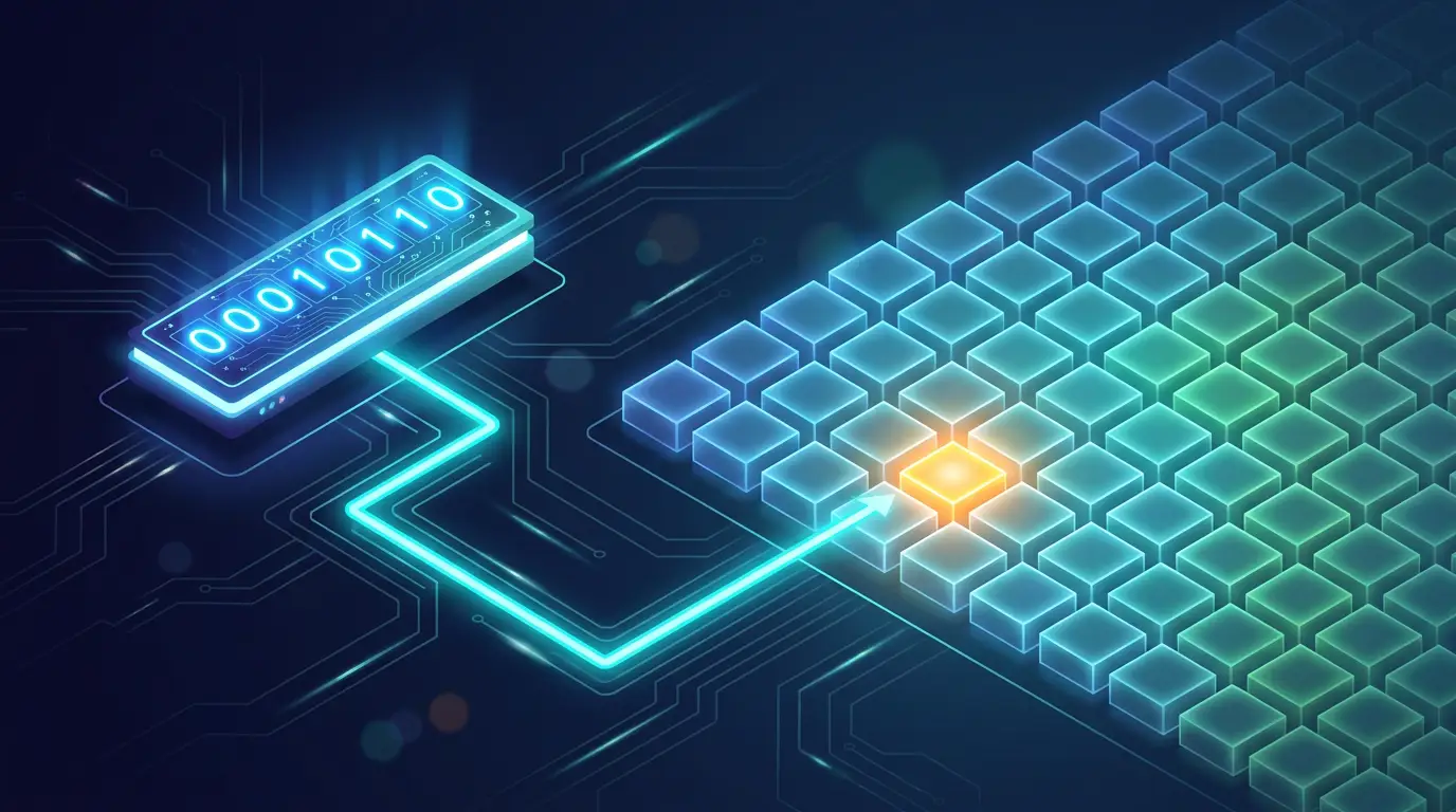 A program counter register with an incrementing binary value pointing to a memory map laid out in a grid.