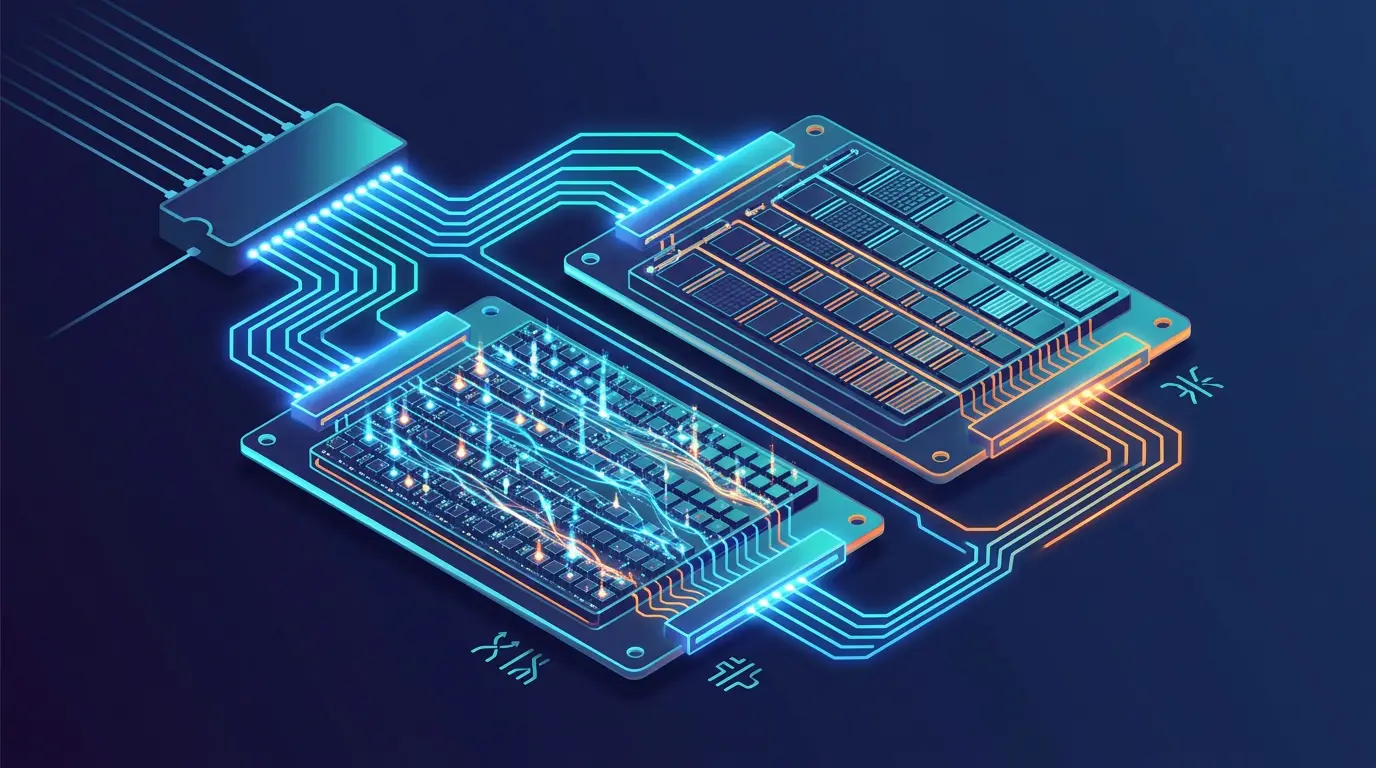 Side-by-side memory modules — volatile RAM and non-volatile ROM — fed by a shared address decoder.