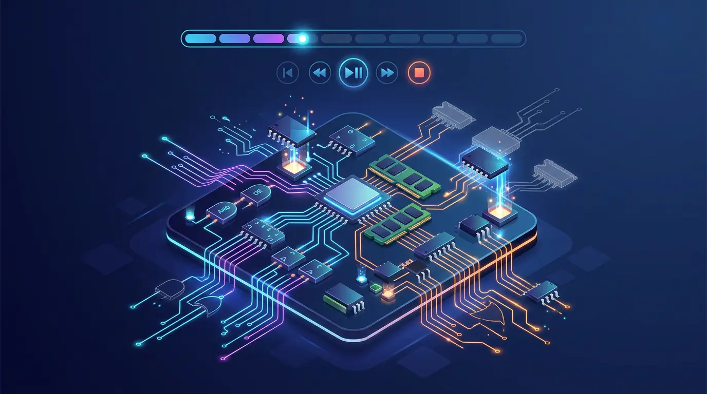 An animated digital circuit being constructed step by step, with progress indicator and play controls overlaid.