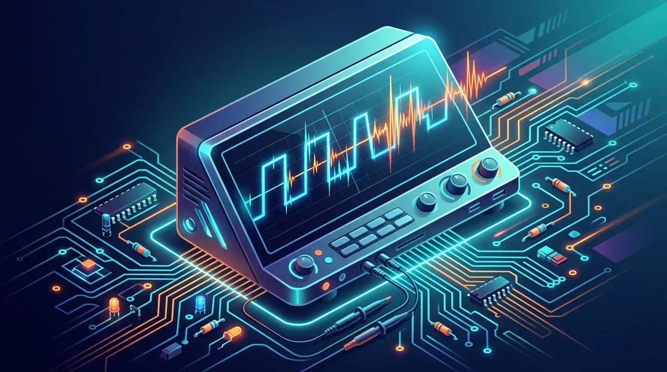 A digital signal waveform on a scope, with brief unwanted glitches and spikes between expected logic levels.