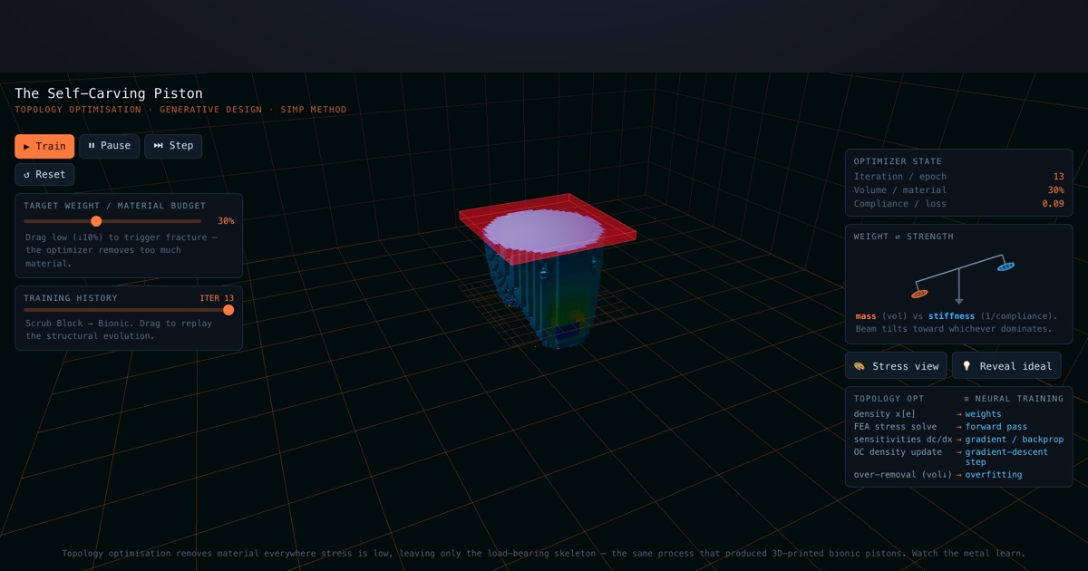 The Self-Carving Piston — Generative Design — interactive 3D exhibit