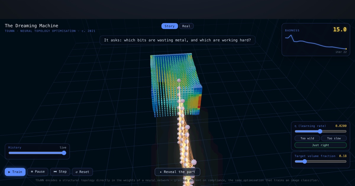 The Dreaming Machine — A Neural Network That Designs — interactive 3D exhibit